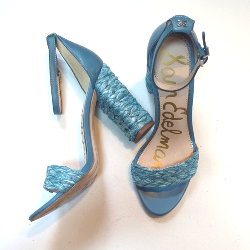 Sam Edelman , Yoana, Raffia and leather teal blue chunky heels. 7.5
